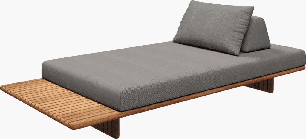 Modern outdoor lounge bed with a gray cushion and wooden base, designed for relaxation.