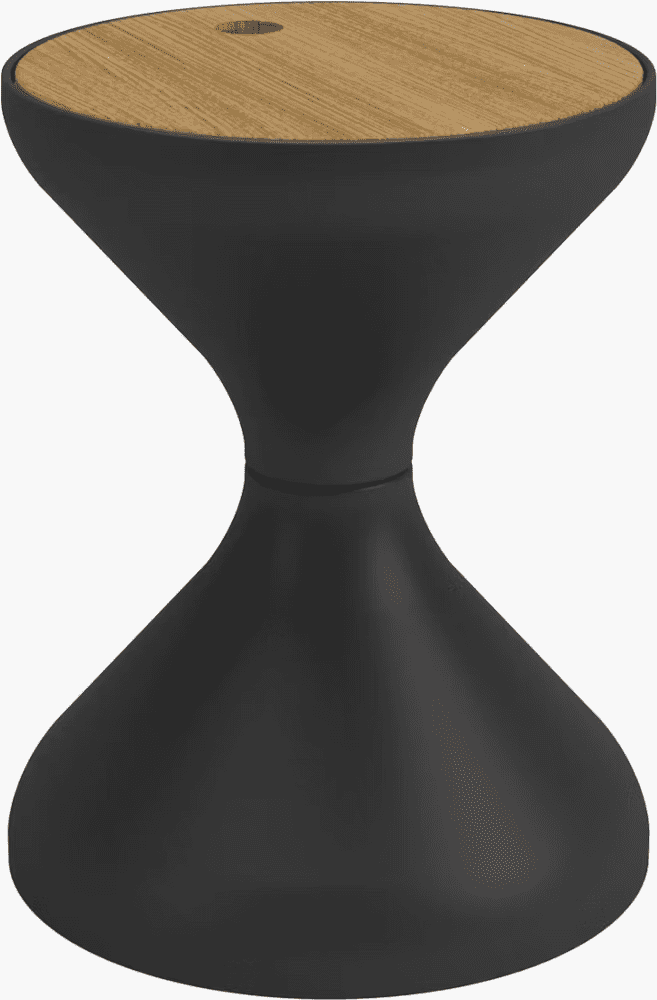 Modern black stool with a wooden top, featuring a unique hourglass shape and a hole in the center.