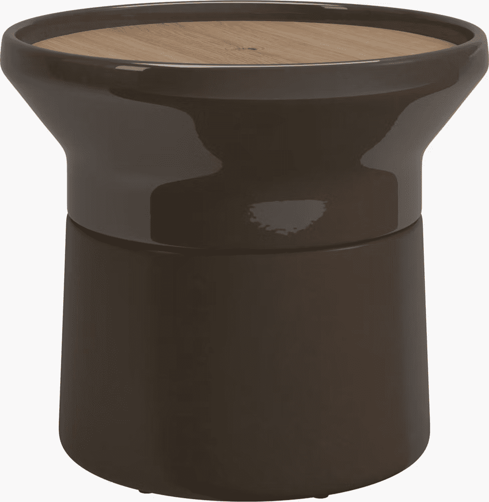 Modern outdoor side table with a glossy brown finish and a wooden top, featuring a sleek design suitable for luxury settings.