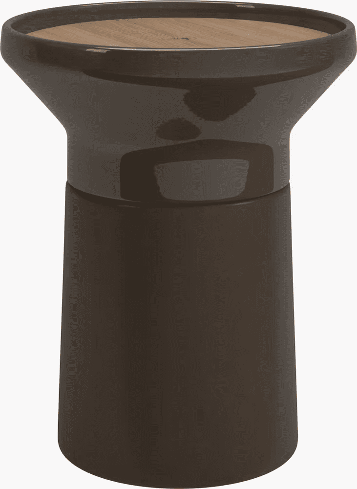 A modern side table with a glossy dark finish and a round wooden top, designed for outdoor living spaces.