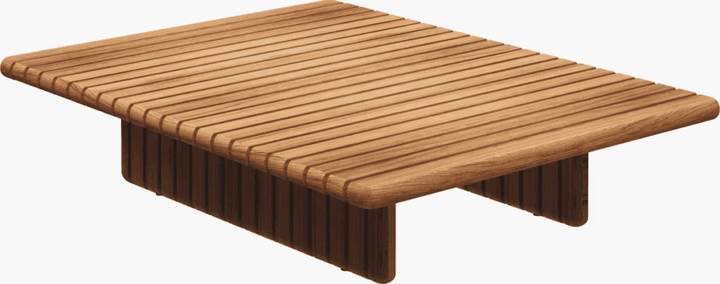 Modern wooden coffee table with a slatted design, ideal for outdoor living spaces.