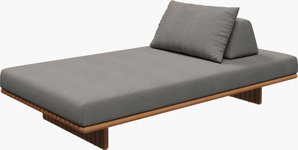 Modern outdoor daybed with a gray cushion and wooden frame, designed for relaxation.