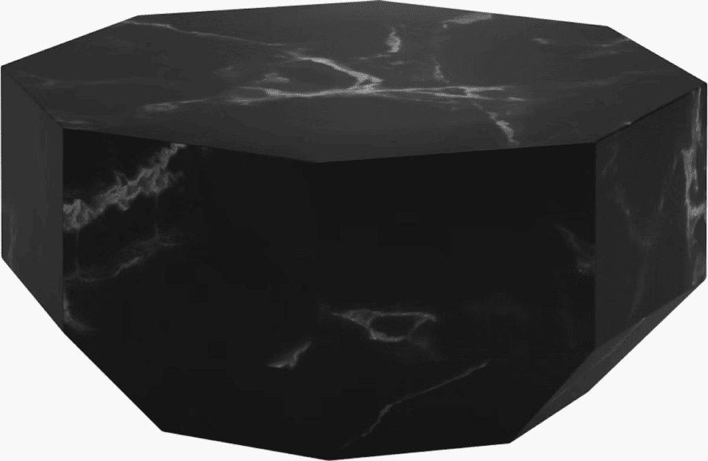 Geometric black marble coffee table with a polished finish, showcasing a unique octagonal shape.