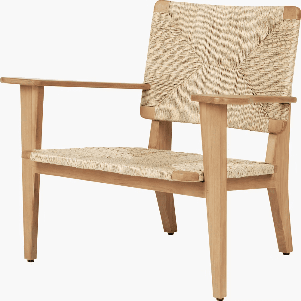 Modern outdoor chair with a woven seat and backrest, supported by a light wood frame.