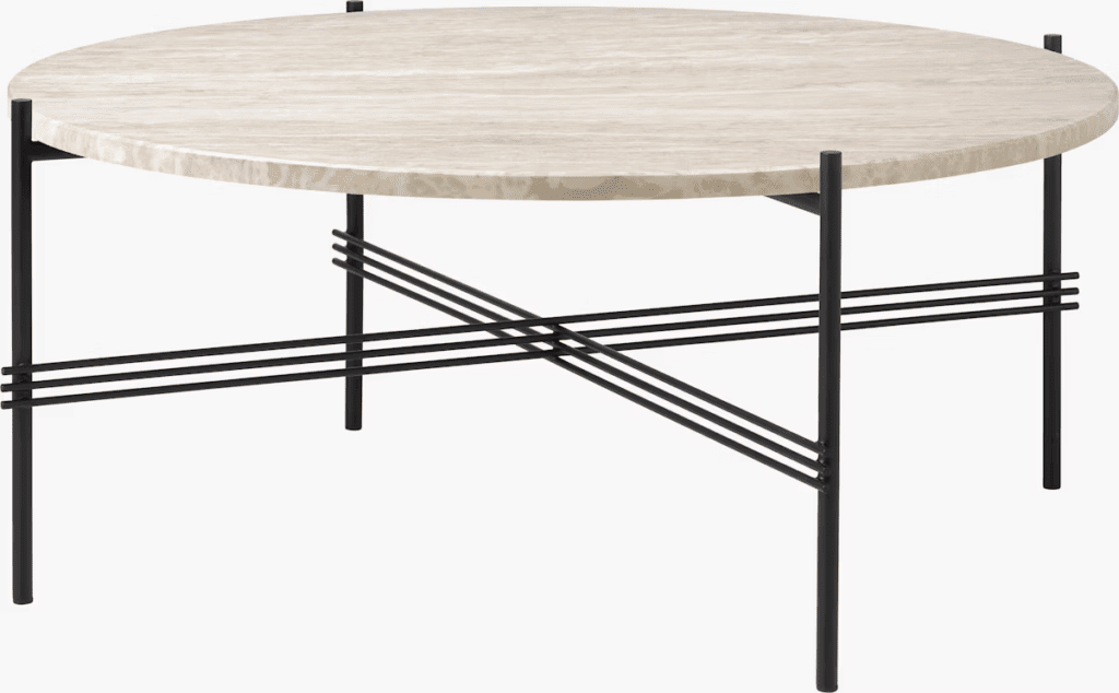 Round coffee table with a natural stone top and black metal legs, featuring a minimalist design.