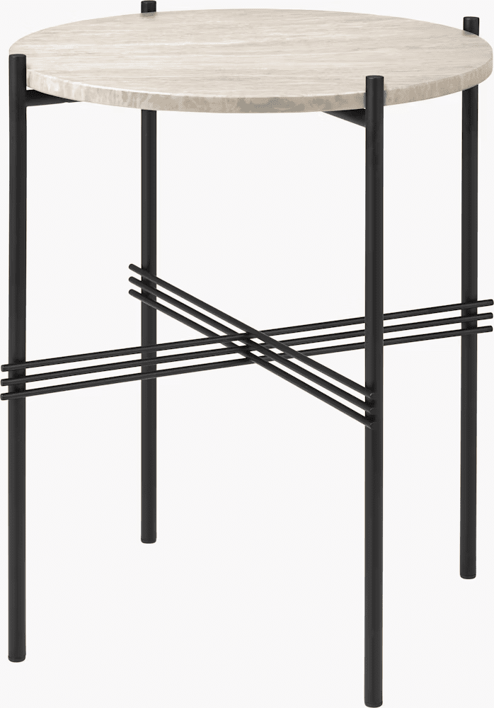 Modern side table with a round beige top and black metal legs featuring an intersecting design.