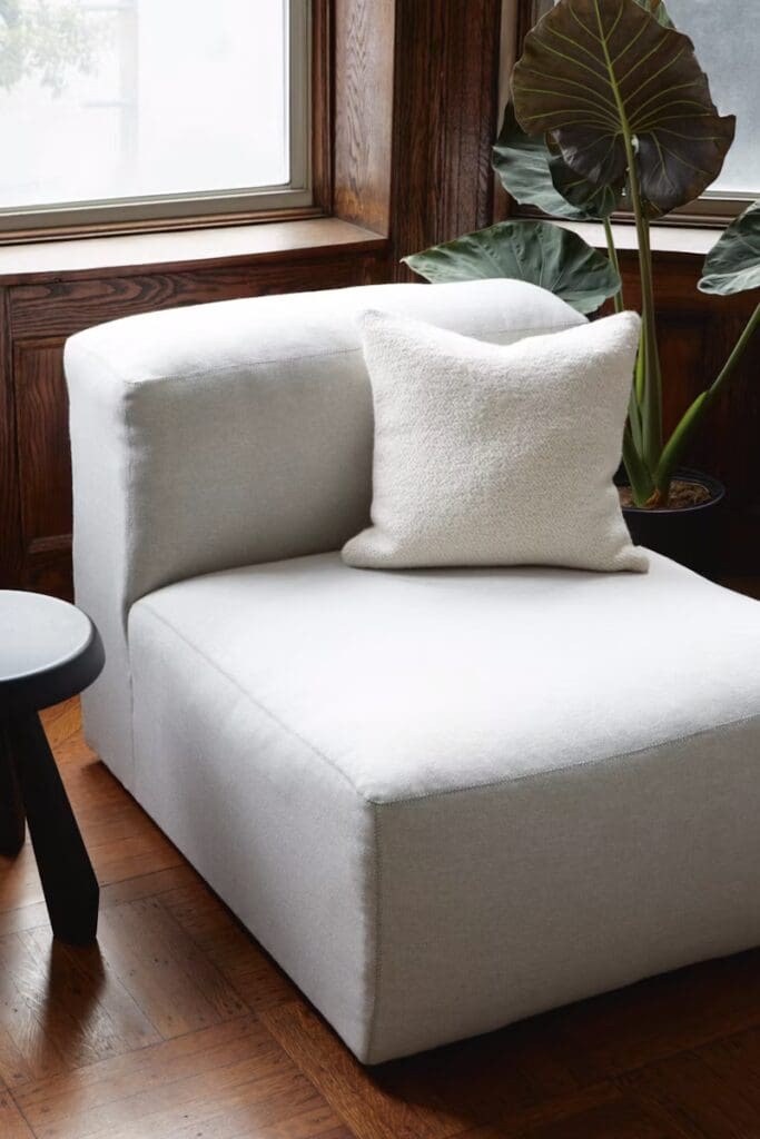 A modern light gray lounge chair with a textured white pillow, positioned near a window with wooden trim and large leaves of a plant in the background.