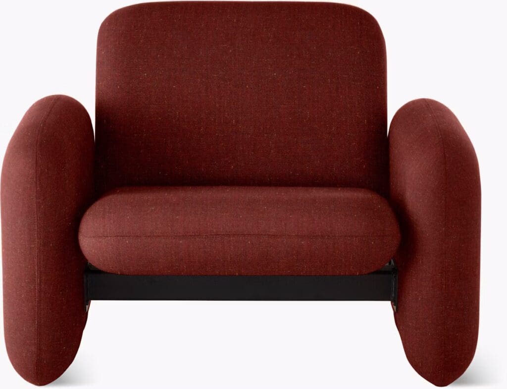 A modern burgundy loveseat featuring rounded arms and a sleek black base, designed for contemporary living spaces.