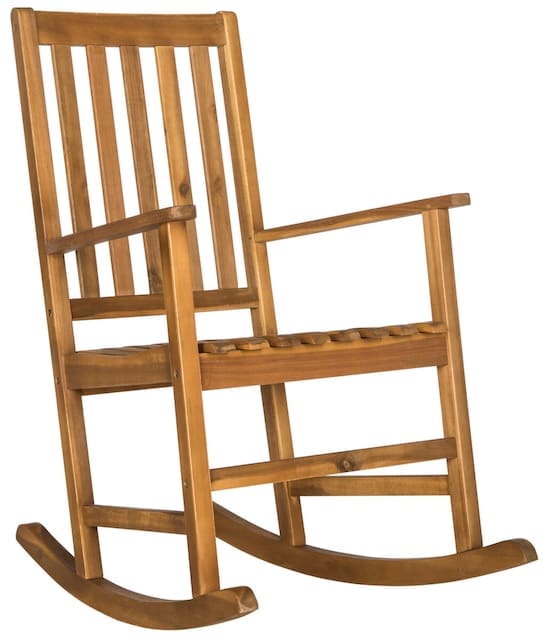 Wooden rocking chair with a slatted back and armrests, designed for outdoor use.