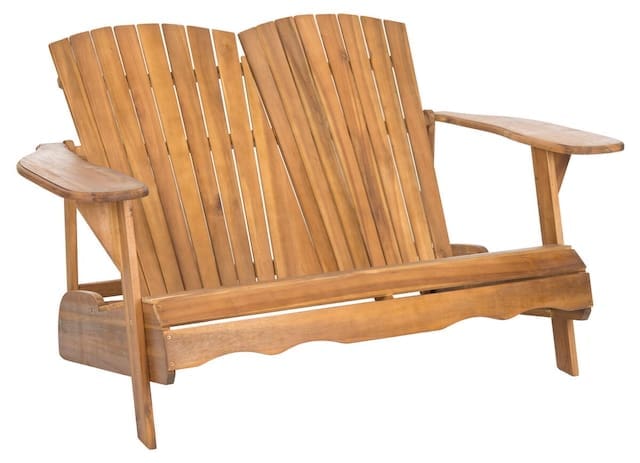 Wooden double adirondack chair with a slatted design, ideal for outdoor relaxation.