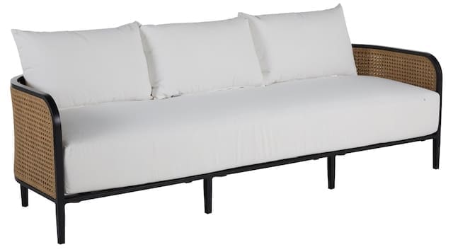 A modern outdoor sofa with a black metal frame and white cushions, featuring woven rattan accents on the sides.