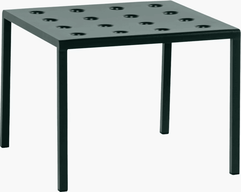 Modern black outdoor side table with a perforated top.