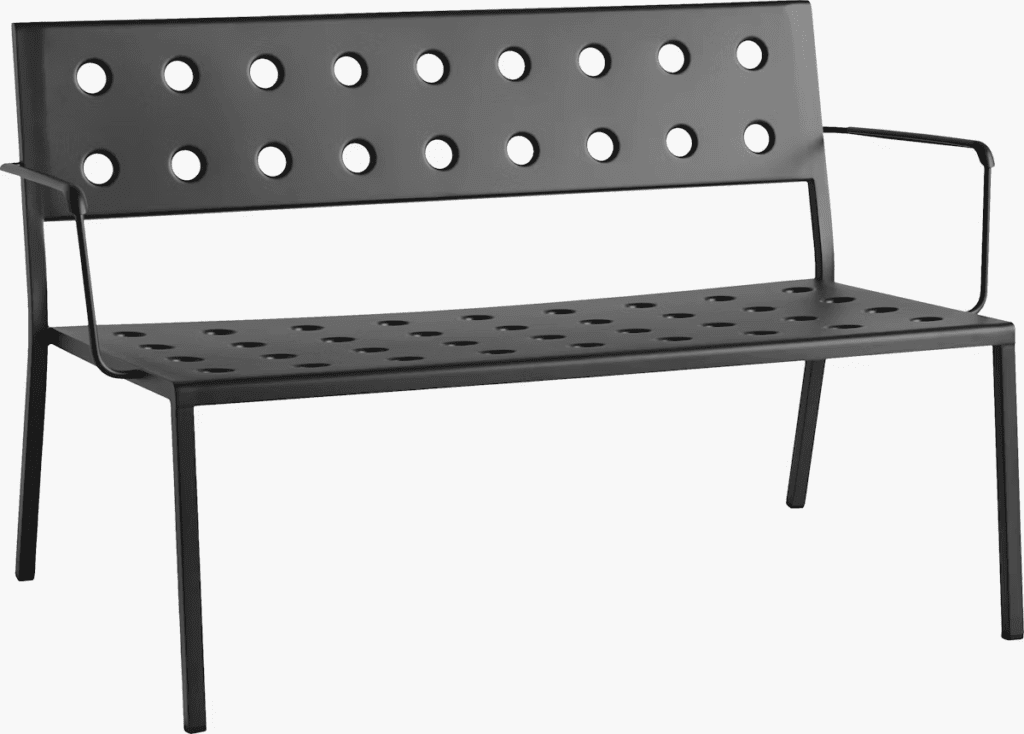Modern black bench with a perforated design and armrests, suitable for outdoor spaces.