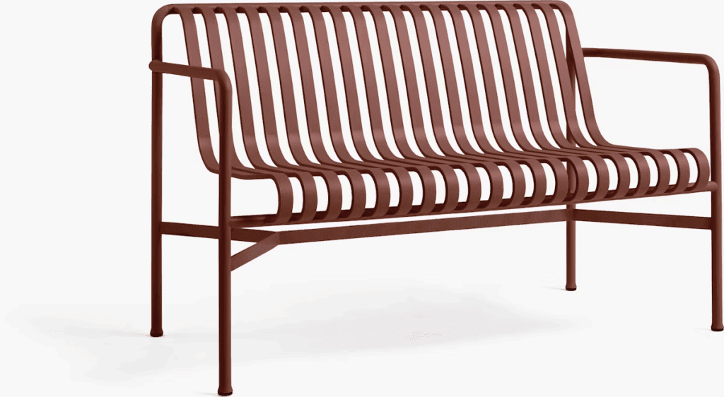 Modern outdoor bench with a sleek, slatted design in a warm brown color, ideal for stylish patio or garden settings.