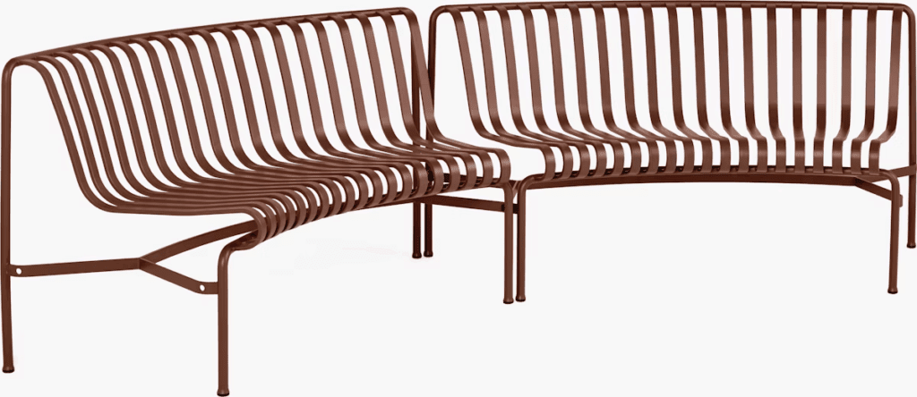 Modern brown outdoor seating arrangement with a sleek, curved design.