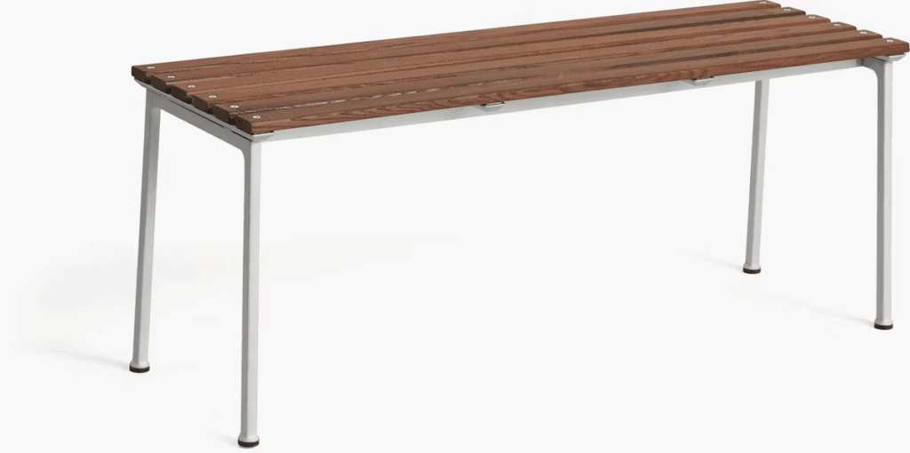 Modern outdoor dining table with a wooden slatted top and metal legs.