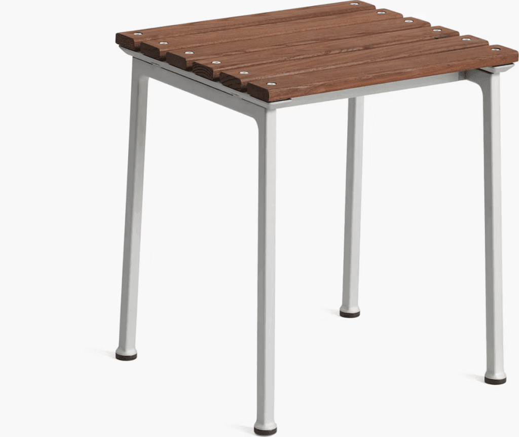 Modern outdoor side table with a wooden slatted top and metal legs.