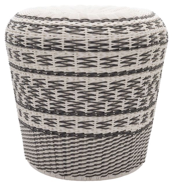 Close-up view of a textured outdoor side table with a woven design in light and dark colors, showcasing modern outdoor furniture aesthetics.