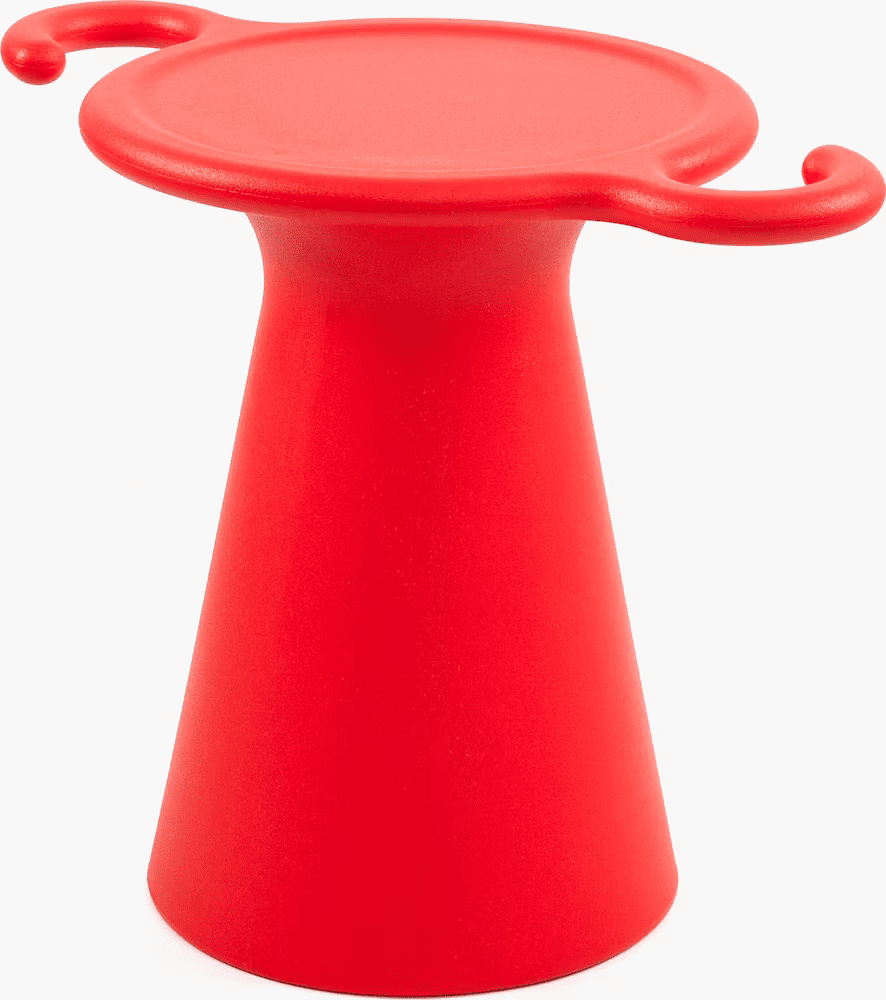 Red modern stool with a conical shape and raised flat top, designed for outdoor or indoor use.