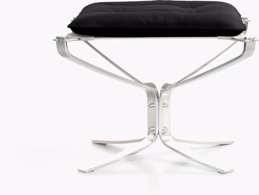 A modern stool featuring a sleek silver metallic frame and a black cushioned top, designed for comfort and style.