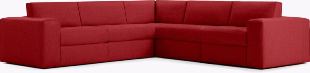 A modern red sectional sofa with a contemporary design, featuring clean lines and plush cushions, suitable for any living room setting.