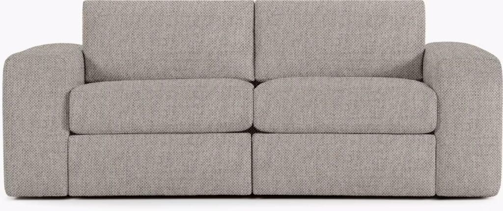 Front view of a modern gray sofa with a simple and minimalist design, featuring plush cushions and rounded edges.