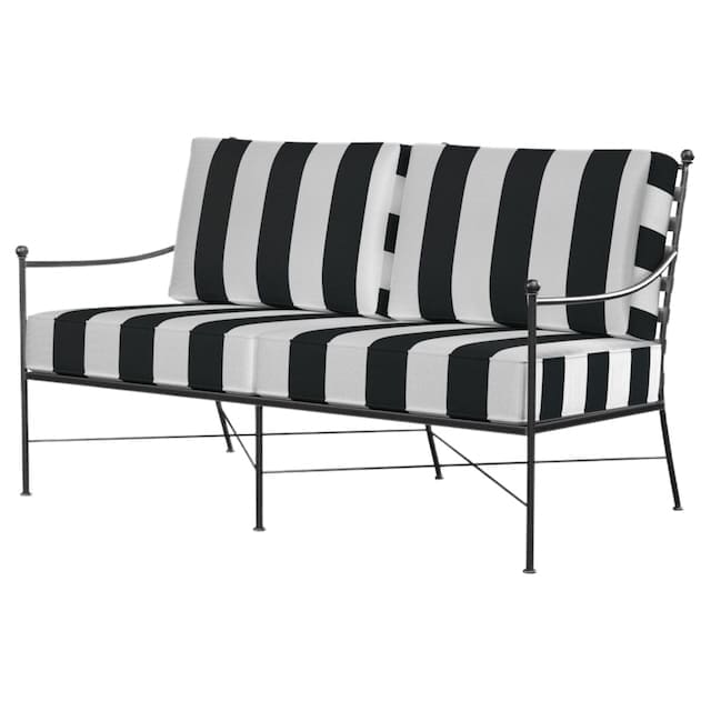 Black and white striped outdoor loveseat with a metal frame.