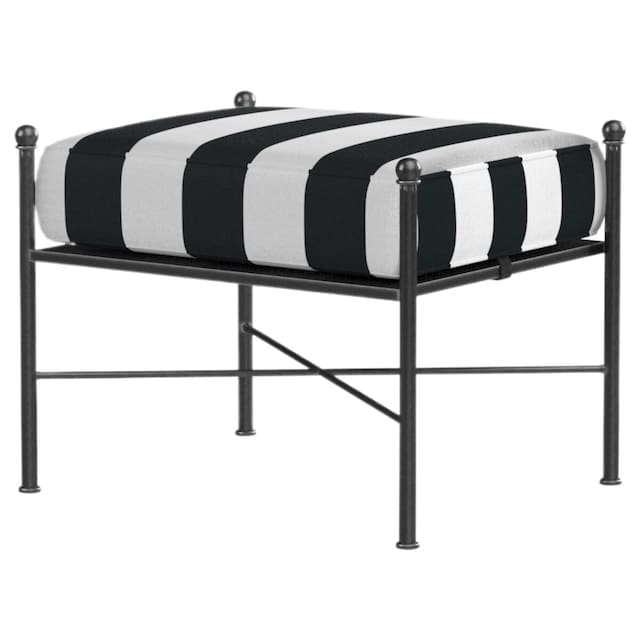 Black and white striped ottoman with a metal frame, designed for outdoor use.