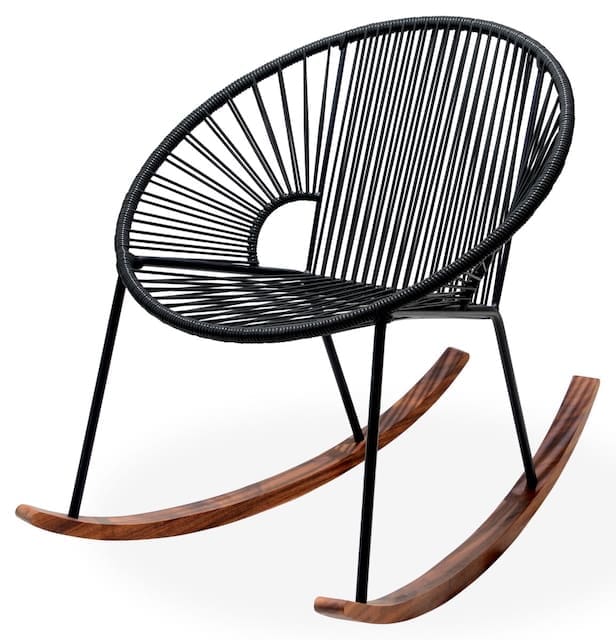 Modern black rocking chair with a circular woven design and wooden rockers, showcasing a sleek and stylish outdoor furniture aesthetic.