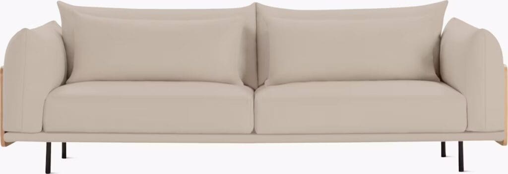 A modern beige sofa with plush cushions and wooden armrests, featuring sleek black legs.