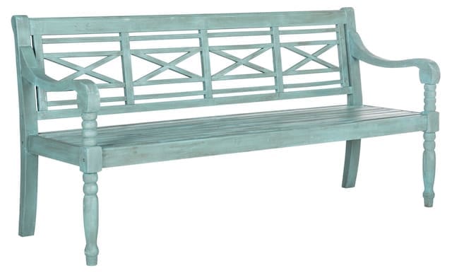A light blue wooden bench with a decorative backrest and rounded armrests, designed for outdoor spaces.