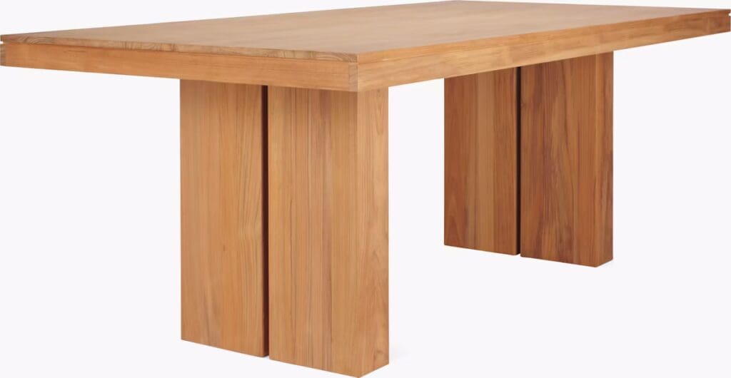 A modern wooden dining table with a sleek and minimal design, featuring a smooth top and sturdy rectangular legs.