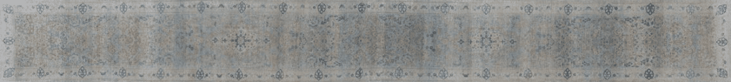 A long vintage rug featuring intricate patterns in soft blue and beige tones, with ornate designs along the border.