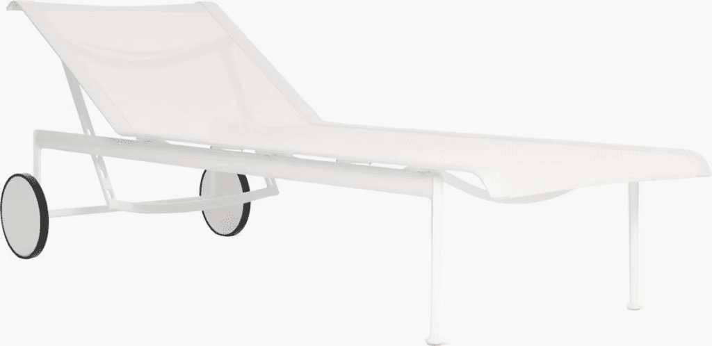 White modern lounge chair with mesh seating and wheels, designed for outdoor use.