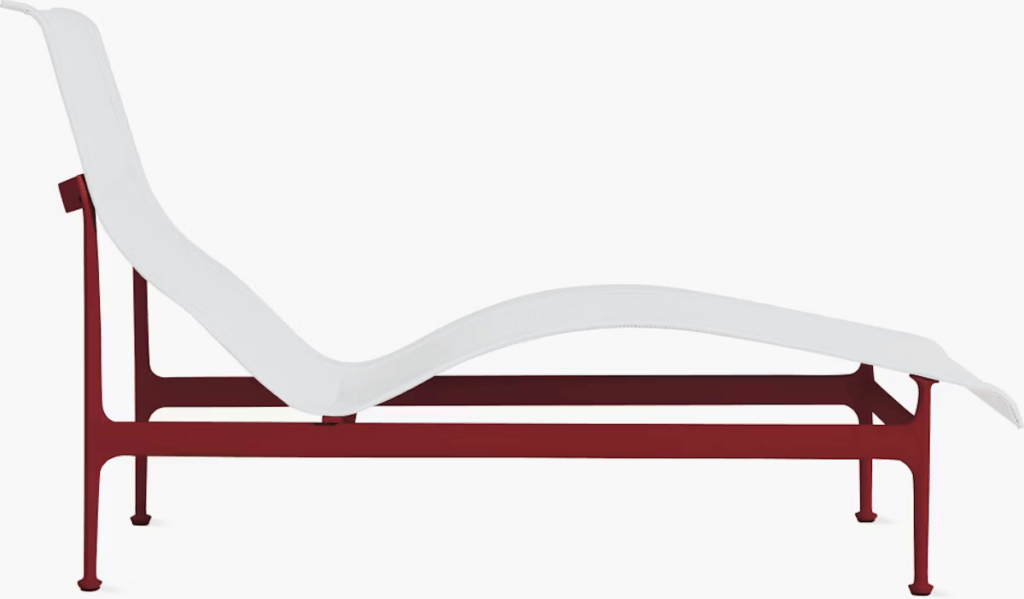 Modern red and white chaise lounge designed for luxury outdoor spaces.