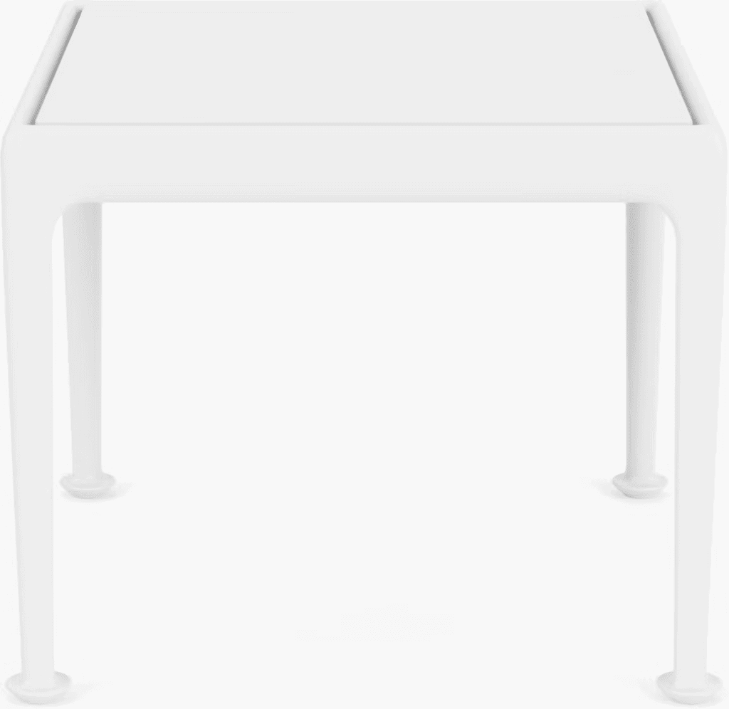 Minimalist white outdoor table with sleek design and rounded legs.