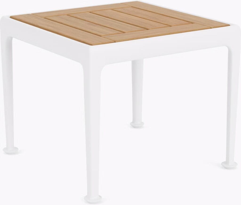 A modern square coffee table featuring a white base and a wooden top, designed for contemporary spaces.