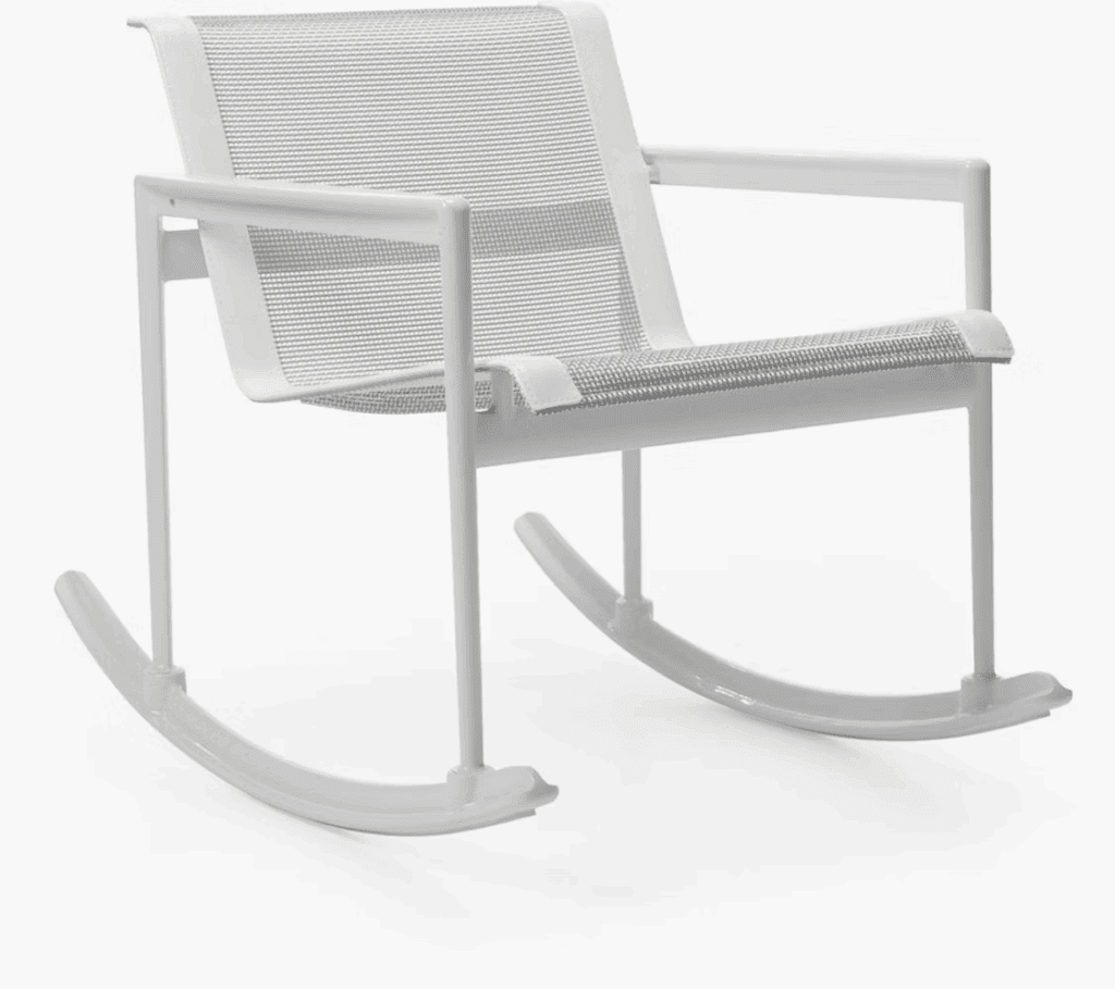Modern white rocking chair with a minimalist design, featuring a mesh seat and backrest.