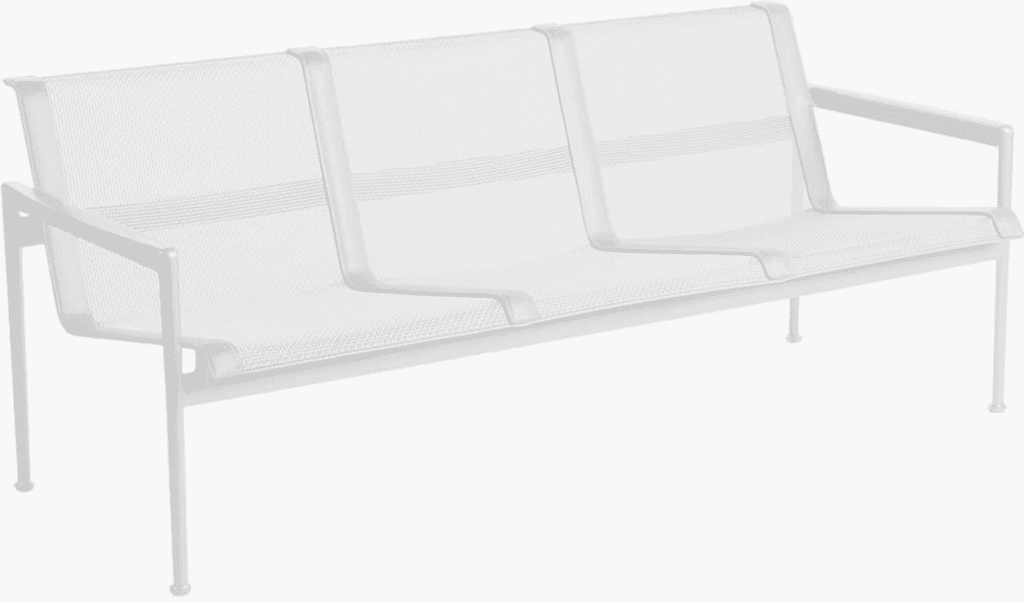 Modern three-seat sofa in white metal, featuring a minimalist design with mesh fabric accents.