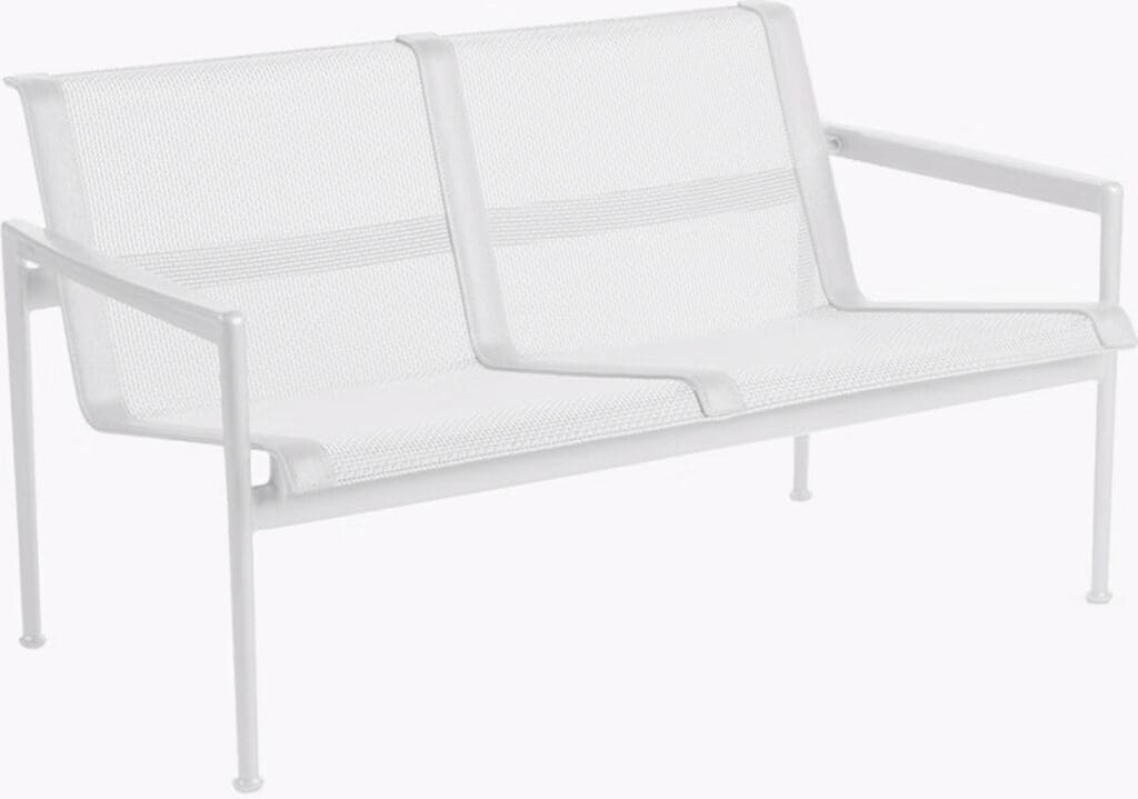 A modern, minimalist white metal bench with a mesh seat and backrest, designed for outdoor or indoor use.