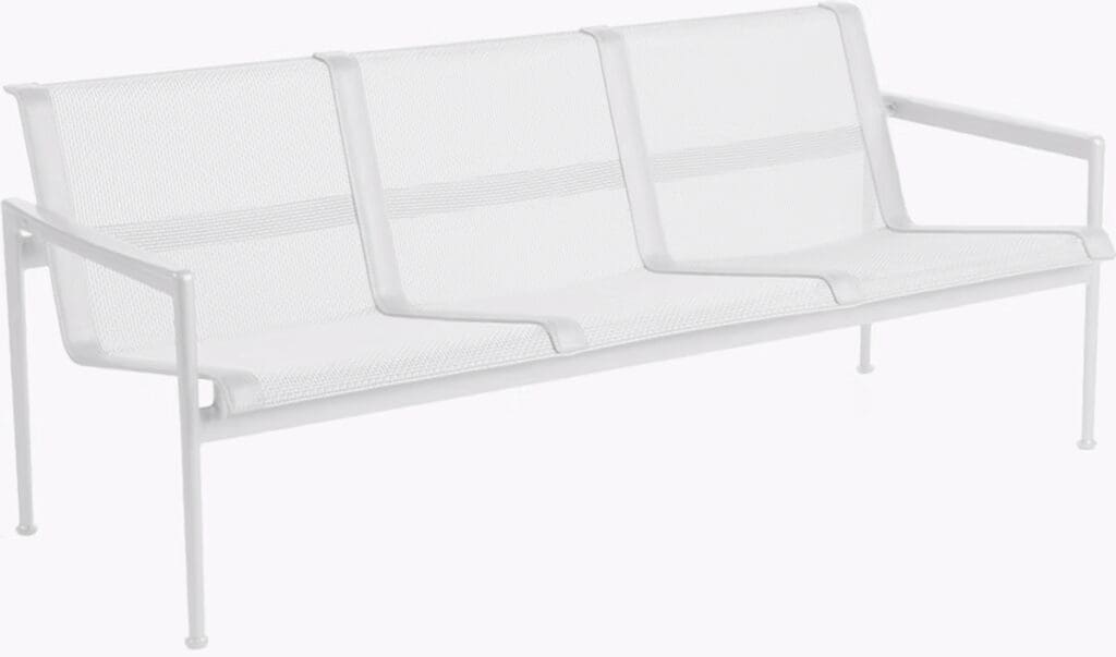 A modern white metal sofa with a minimalist design, featuring three seats with mesh fabric for comfort.