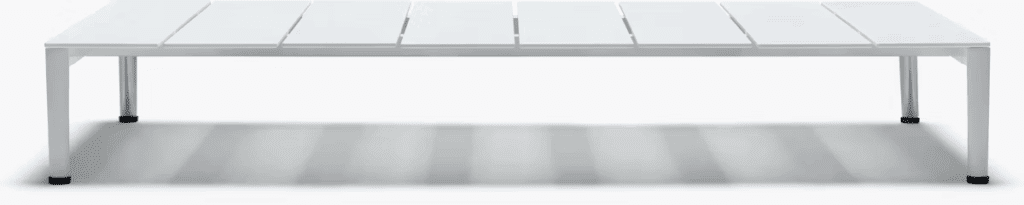 Minimalist white outdoor coffee table with a sleek design, featuring a flat surface and sturdy legs.