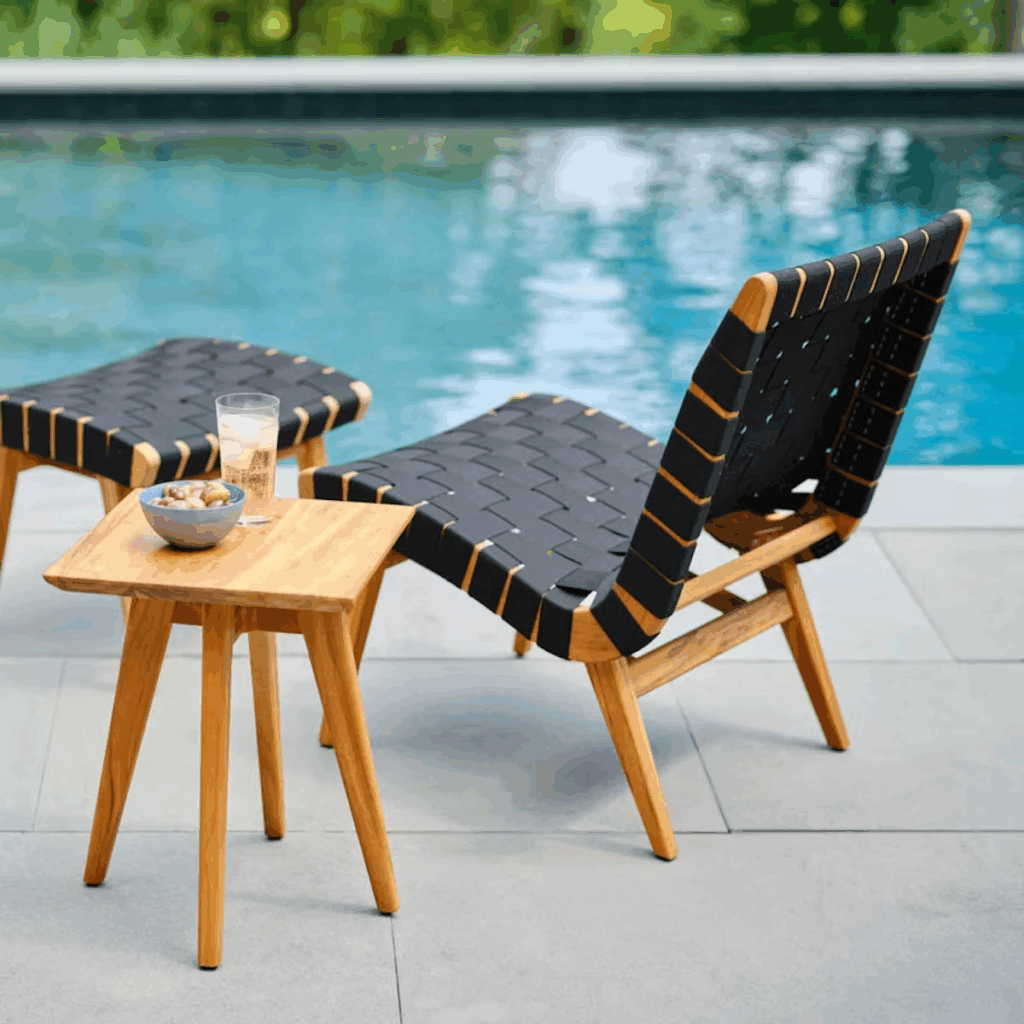 Outdoor living space with modern black and wooden chairs beside a swimming pool, featuring a small wooden table with a bowl of snacks and a glass of water.