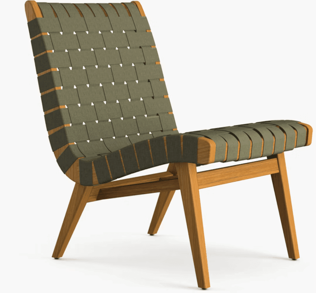 Modern outdoor chair with a wooden frame and woven green fabric design.