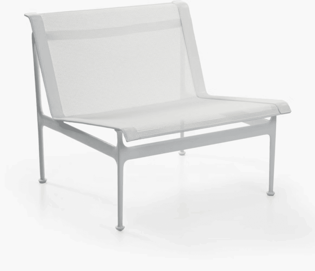 Minimalist white outdoor lounge chair with a mesh design, suitable for modern living spaces.
