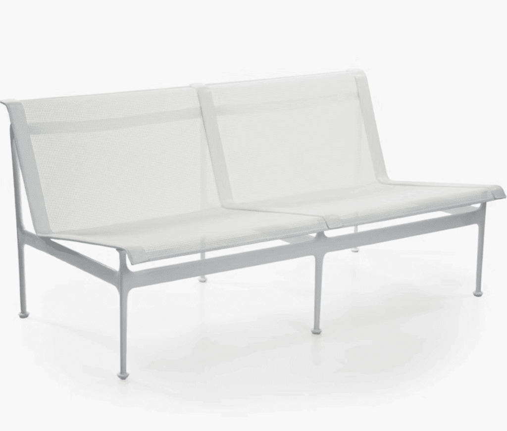 Modern two-seater outdoor sofa with a minimalist design featuring a white frame and mesh seating.
