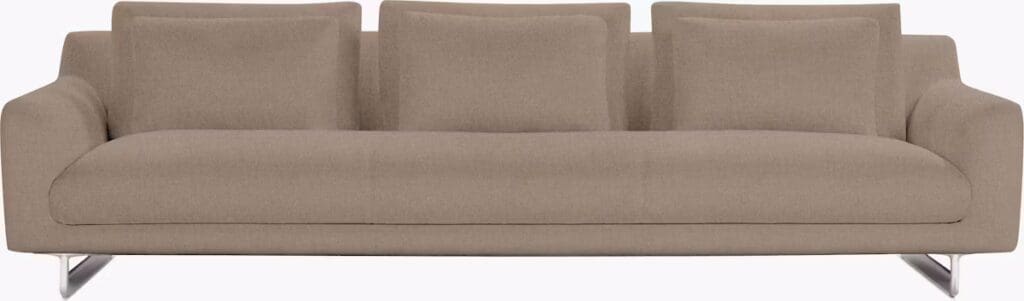 A contemporary brown sofa with three back cushions and sleek metal legs, designed for modern living spaces.