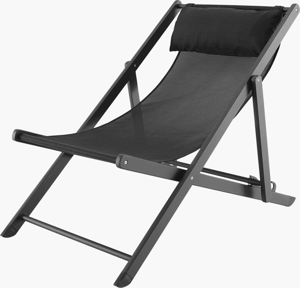 Modern black folding lounge chair with a headrest, designed for outdoor relaxation.