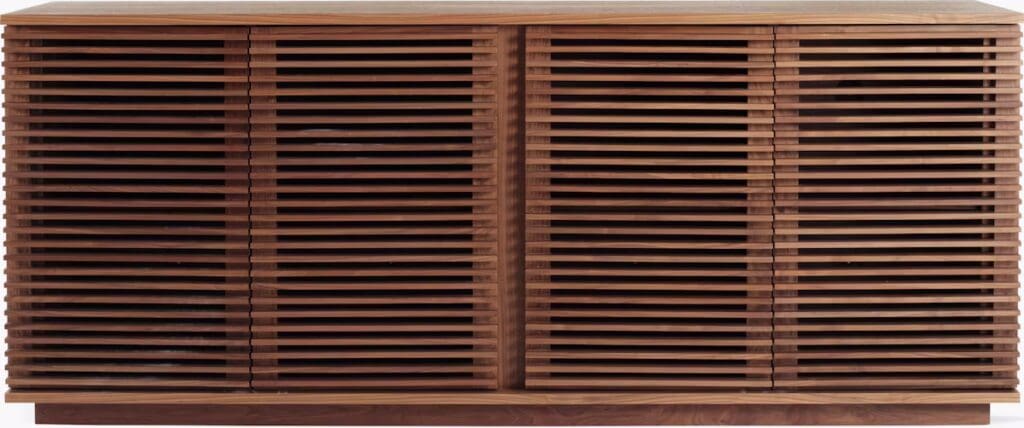 A modern wooden sideboard featuring horizontal slatted doors with a sleek design, suitable for contemporary interior decor.