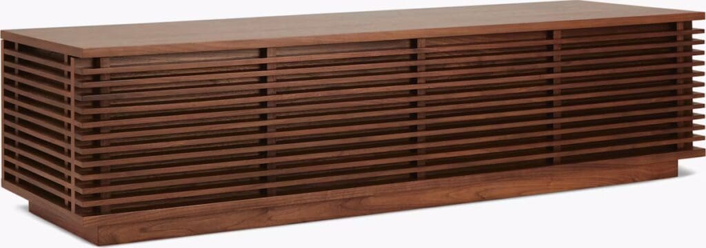 A modern wooden media console with horizontal slats, featuring a rich walnut finish, designed for stylish storage.